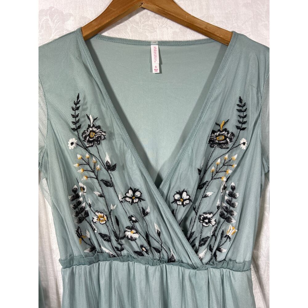 Xhilaration Midi Dress Small Green Embroidered Sheer Fairy Cottagecore Whimsy - Picture 5 of 12